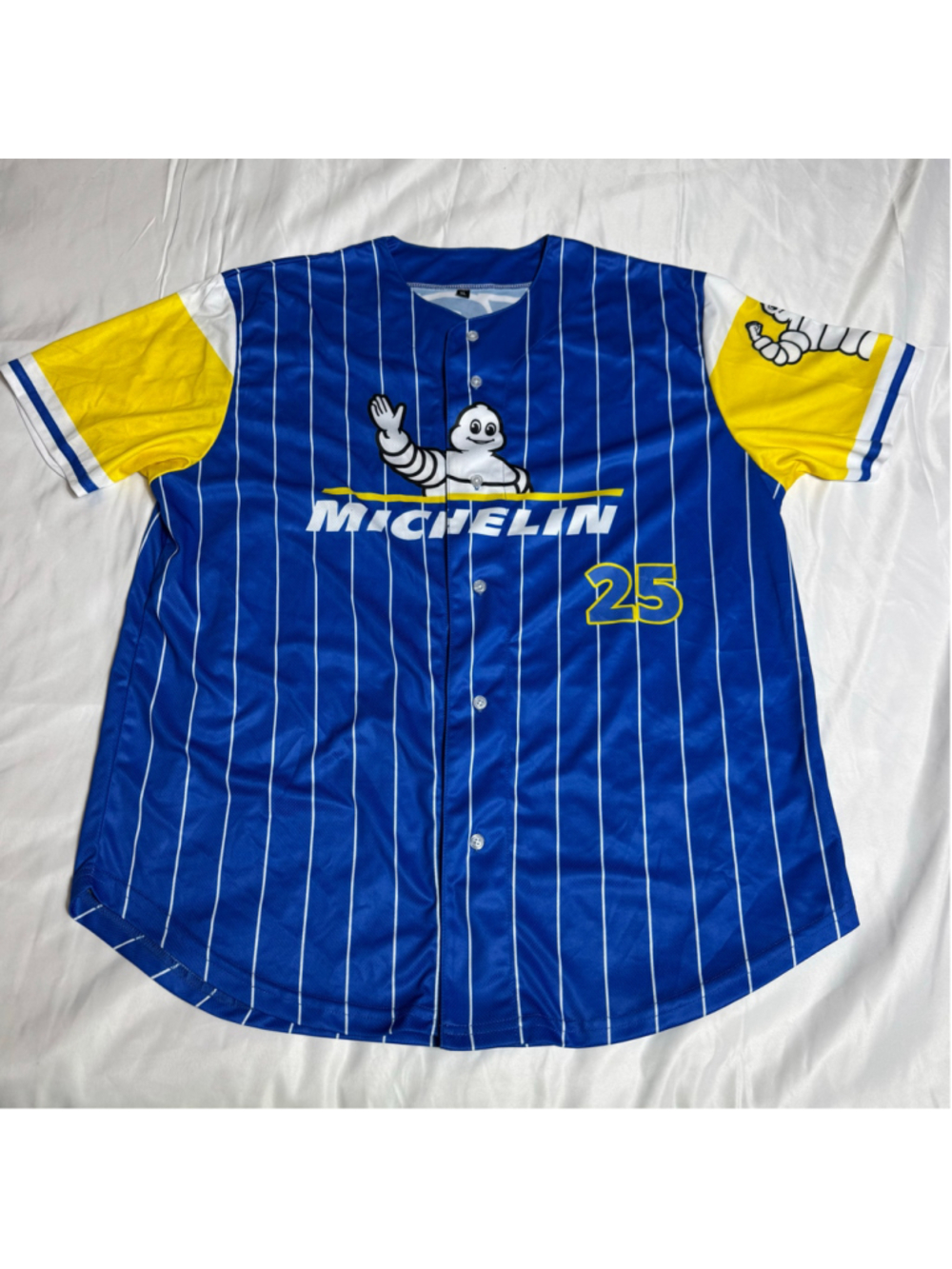 Men's Unbranded Michelin Graphic Baseball Jersey Shirt Blue Yellow Size XL